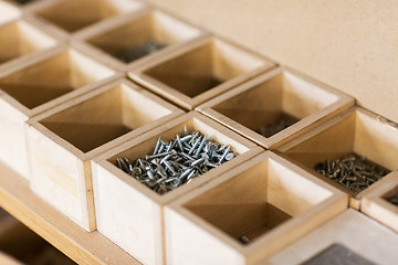 Image showing screws in wooden boxes at workshop