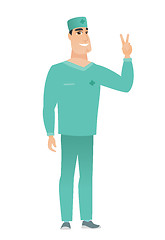 Image showing Caucasian doctor showing the victory gesture.