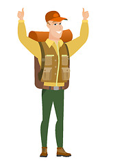 Image showing Traveler standing with raised arms up.