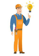 Image showing Builder pointing at bright idea light bulb.