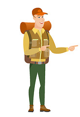 Image showing Caucasian traveler pointing to the side.