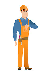 Image showing Disappointed caucasian builder with thumb down