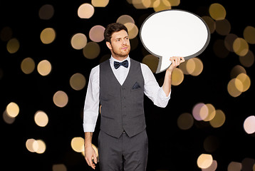 Image showing man in suit holding blank text bubble banner
