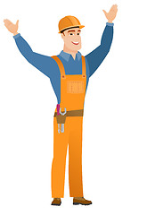 Image showing Constructor standing with raised arms up.