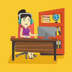 Image showing Business woman with headset working at office.