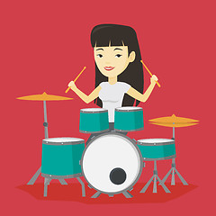 Image showing Woman playing on drum kit vector illustration.