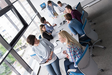 Image showing Pretty Businesswomen Using Tablet In Office Building during conf