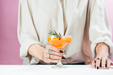 Image showing The rose exotic cocktails and fruits and female hand