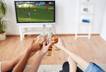 Image showing friends with beer watching football or soccer game