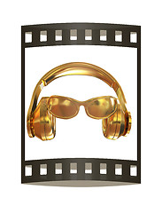Image showing glasses and headphones. 3d illustration. The film strip.