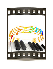 Image showing music notes  background. 3D illustration. The film strip.