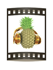 Image showing Fashion gold pineapple with headphones listens to music. 3d illu