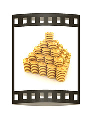 Image showing pyramid from the golden coins. 3d illustration. The film strip.