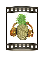 Image showing Fashion gold pineapple with headphones listens to music. 3d illu