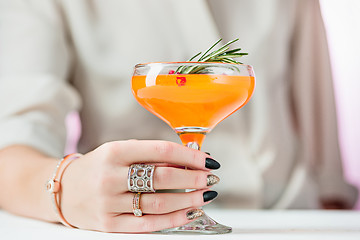 Image showing The rose exotic cocktails and fruits and female hand