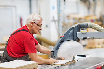 Image showing carpenter with panel saw and fibreboard at factory