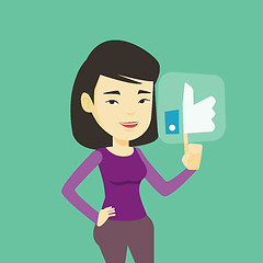 Image showing Woman pressing like button vector illustration.