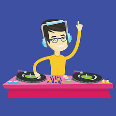 Image showing DJ mixing music on turntables vector illustration.