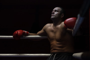 Image showing kick boxer resting on the ropes in the corner