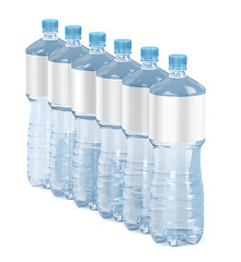 Image showing Six water bottles with blank labels