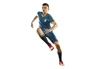 Image showing one caucasian soccer player man isolated on white background