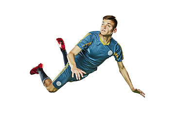 Image showing one caucasian soccer player man isolated on white background