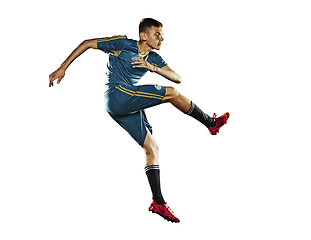 Image showing one caucasian soccer player man isolated on white background