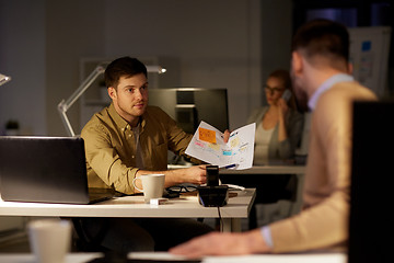 Image showing colleagues discussing project late in office