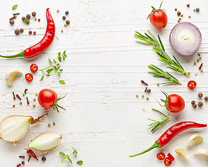 Image showing various herbs and spices on white wooden table