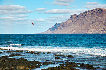 Image showing Landscape with volcanic hills and atlantic ocean in Lanzarote 