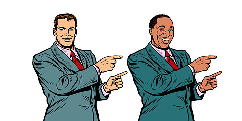 Image showing white and black businessman pointing finger sideways