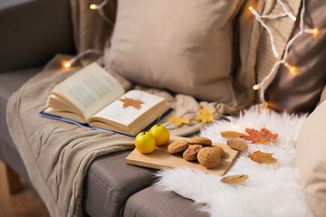 Image showing lemons, book, almond and oatmeal cookies on sofa