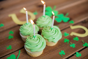 Image showing green cupcakes, horseshoes and shamrock