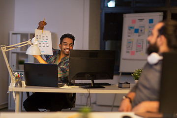 Image showing creative man showing papers to colleague at office