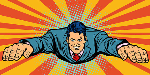 Image showing Joyful businessman flying, superhero