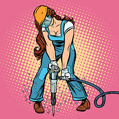 Image showing woman road worker jackhammer