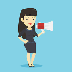 Image showing Business woman speaking into megaphone.