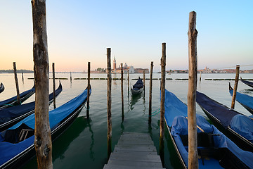 Image showing Condolas and wooden pier