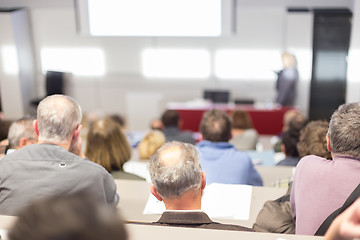 Image showing Business speaker giving a talk at business conference event.