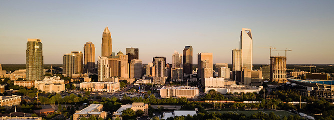 Image showing Aerial View Long Panoramic Shot of Charlotte North Carolina Down