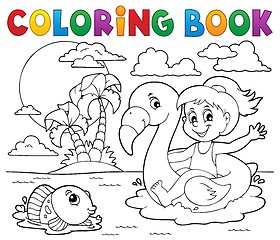 Image showing Coloring book girl on flamingo float 2