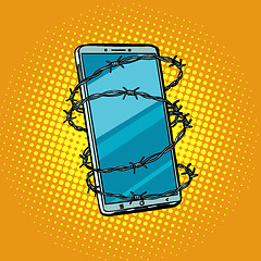 Image showing Barbed wire and telephone. concept of freedom online Internet ce