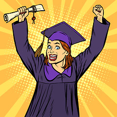 Image showing joyful woman graduate victorious gesture hands up