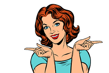 Image showing Woman pointing fingers left and right