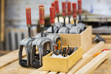 Image showing drills and woodworking tools at workshop