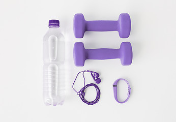 Image showing dumbbells, fitness tracker, earphones and bottle