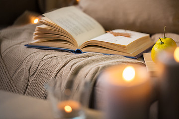 Image showing book with autumn leaf and blanket on sofa at home