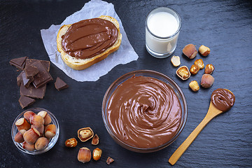 Image showing Breakfast with chocolate spread in glass bowl