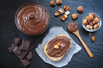 Image showing Breakfast with chocolate spread in glass bowl