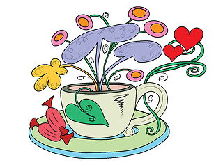 Image showing A tea Cup with fairy flowers growing out of it